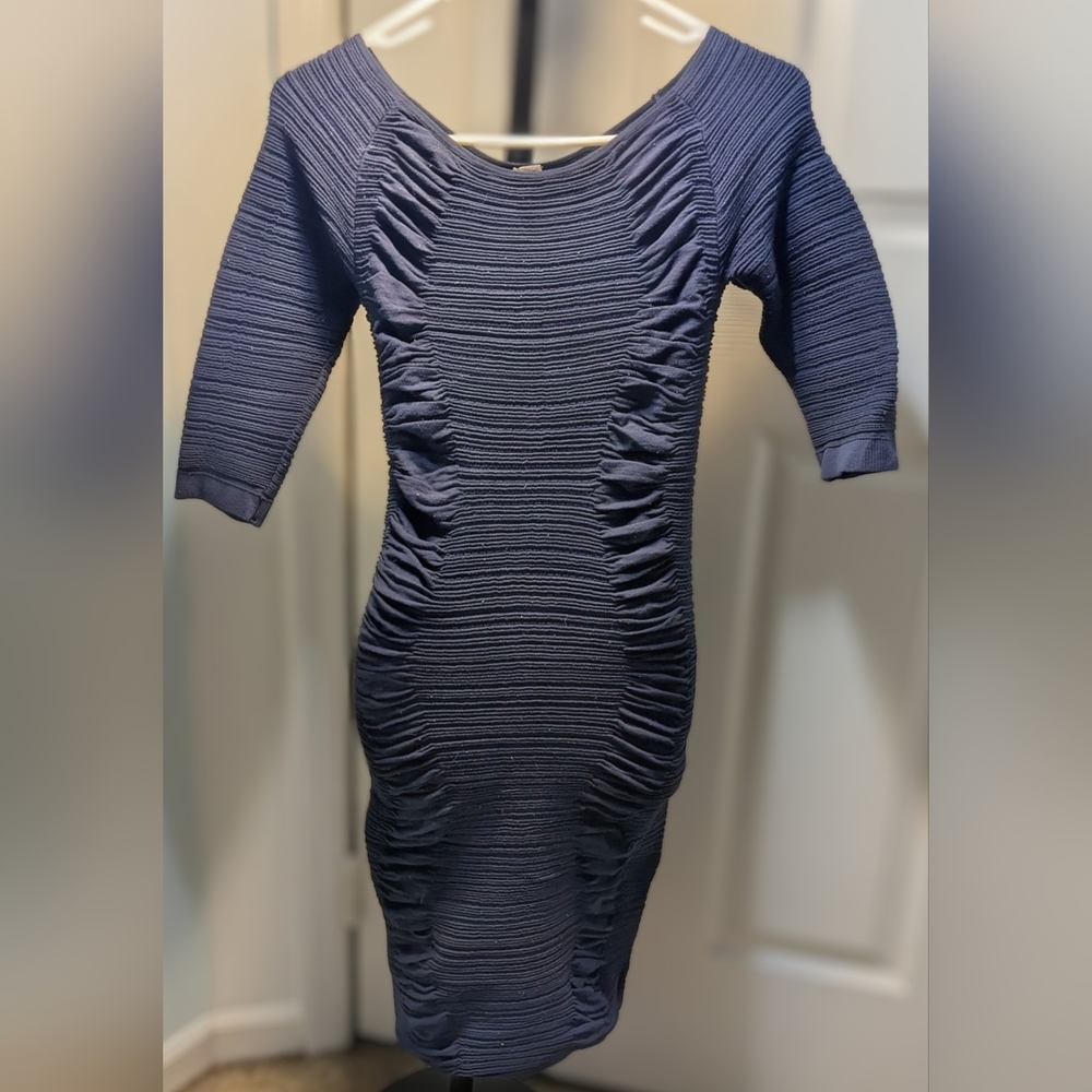 Navy Blue Ruched Ribbed Bodycon Dress, 3/4 Sleeves, One Size Fits Most